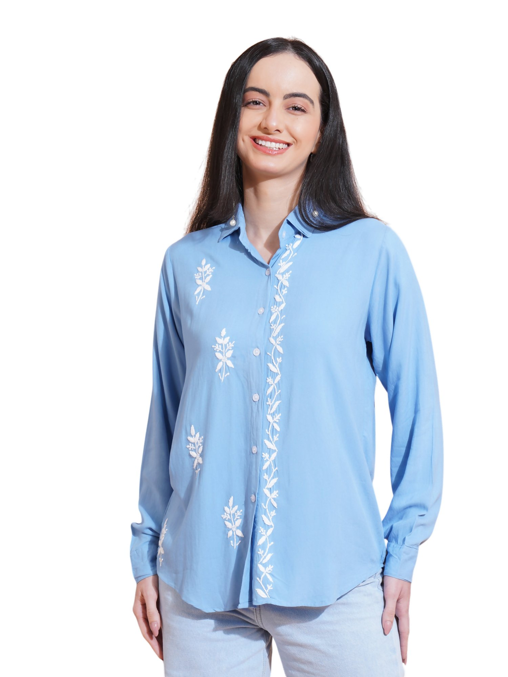 Pahnaz Modal Chikankari Handwork Shirt-Blue