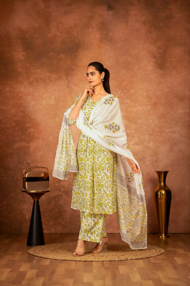 Joban Fashion Yellow Hand Block Printed Cotton Suit Set