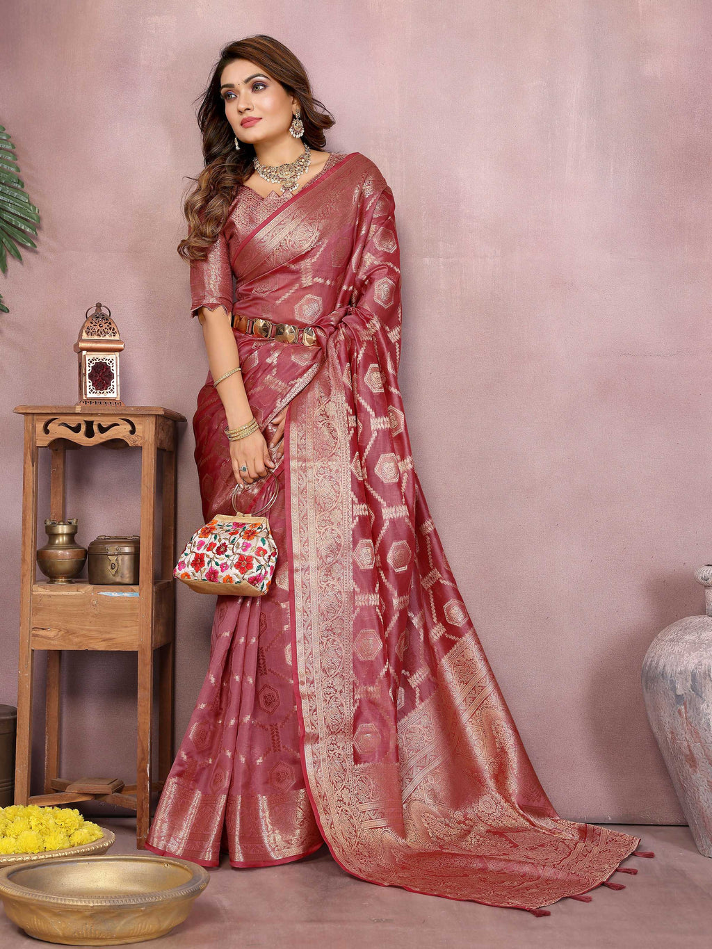 Aastha Fashion Dark Pink Soft Organza Silk Weaving Saree