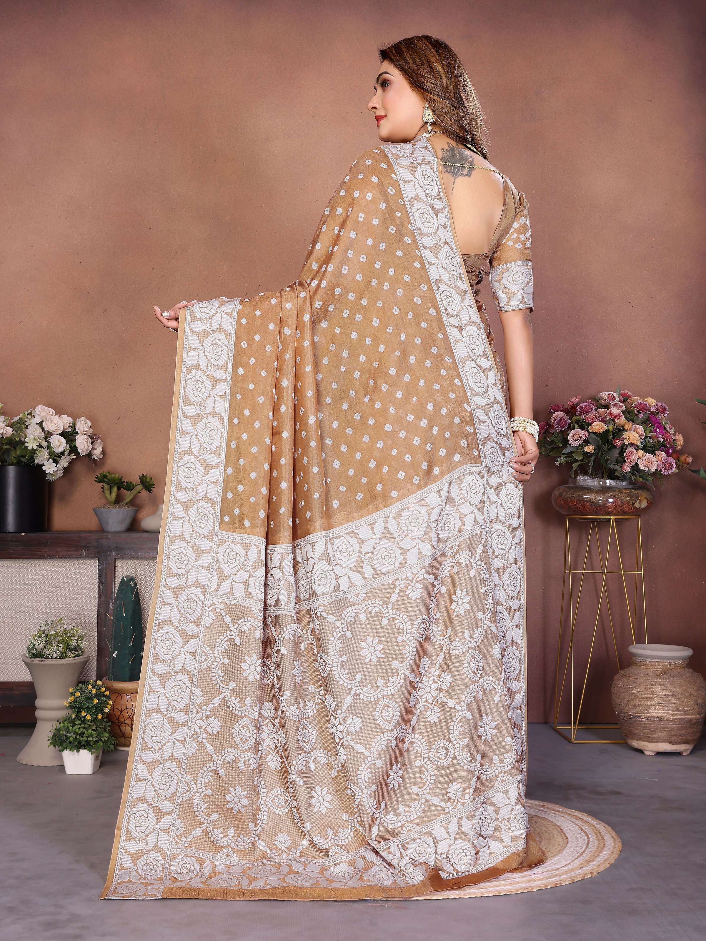 Aastha Fashion Light Brown Viscose Silk Handmade Original Bandhej Saree