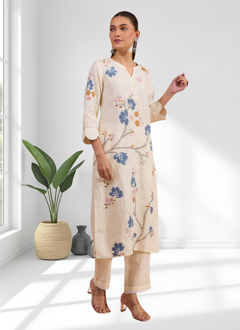Joban Fashion Cream Linen Embroidered Readymade Long Kurta With Pant