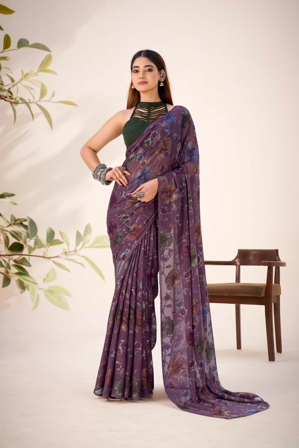 Vastranavya Wine Lurex Brasso Floral Printed Saree with Unstitched Blouse