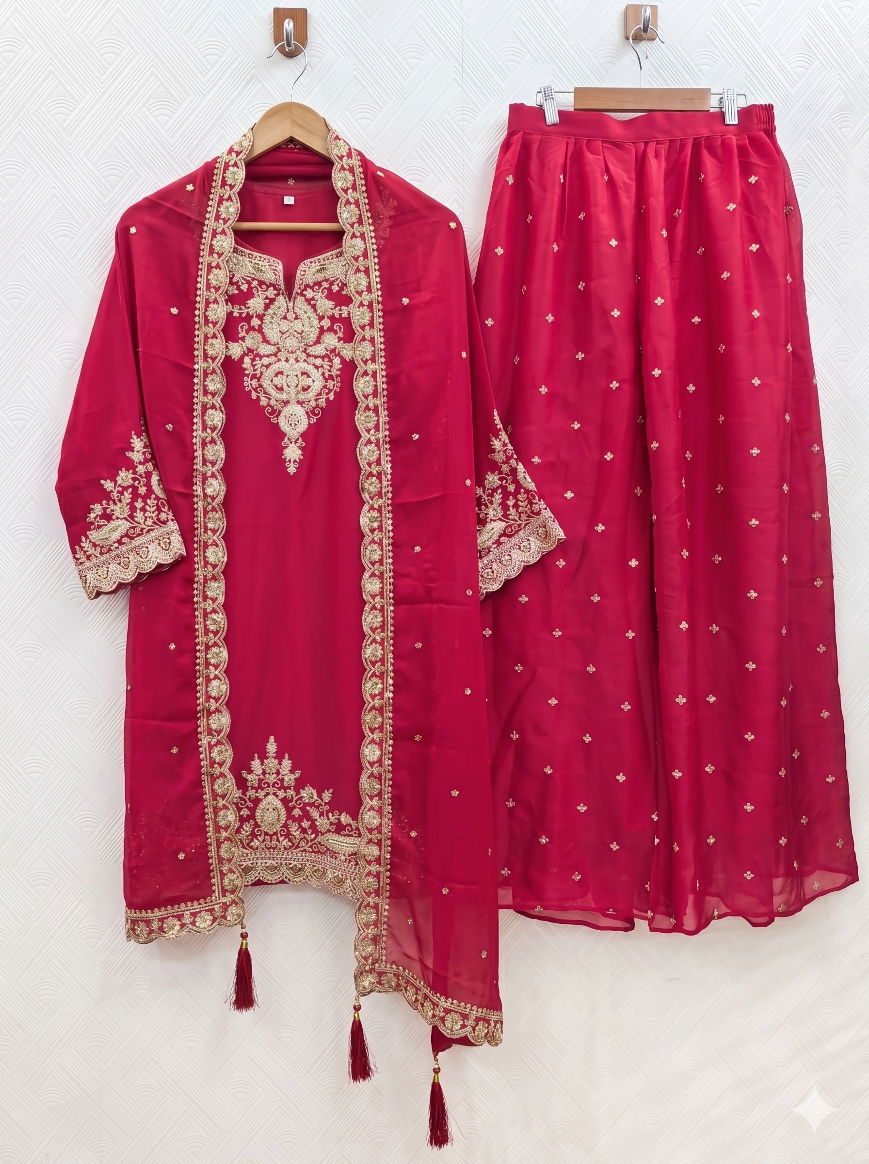 Teeya Creation Womens New Stylish Silk Embroidered Red Sharara Suit With Golden Zari Work And Lace Border Dupatta