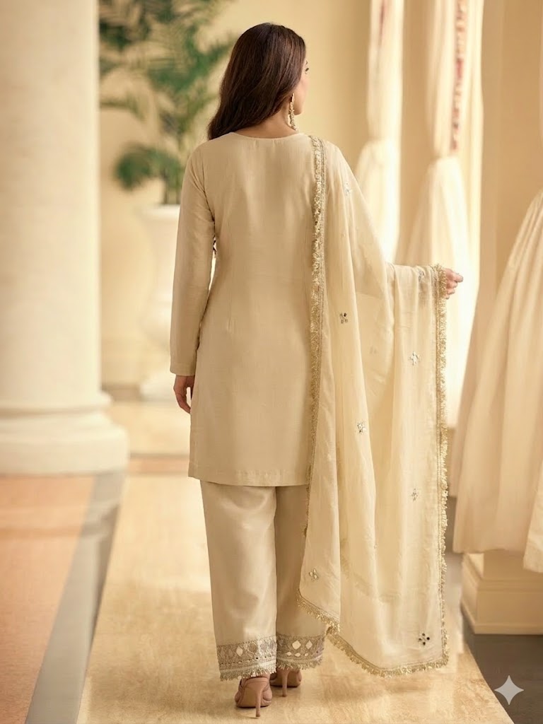Evanik Cream Silk Blend Mirror Embroidery Work Kurti Palazzo Set With Dupatta