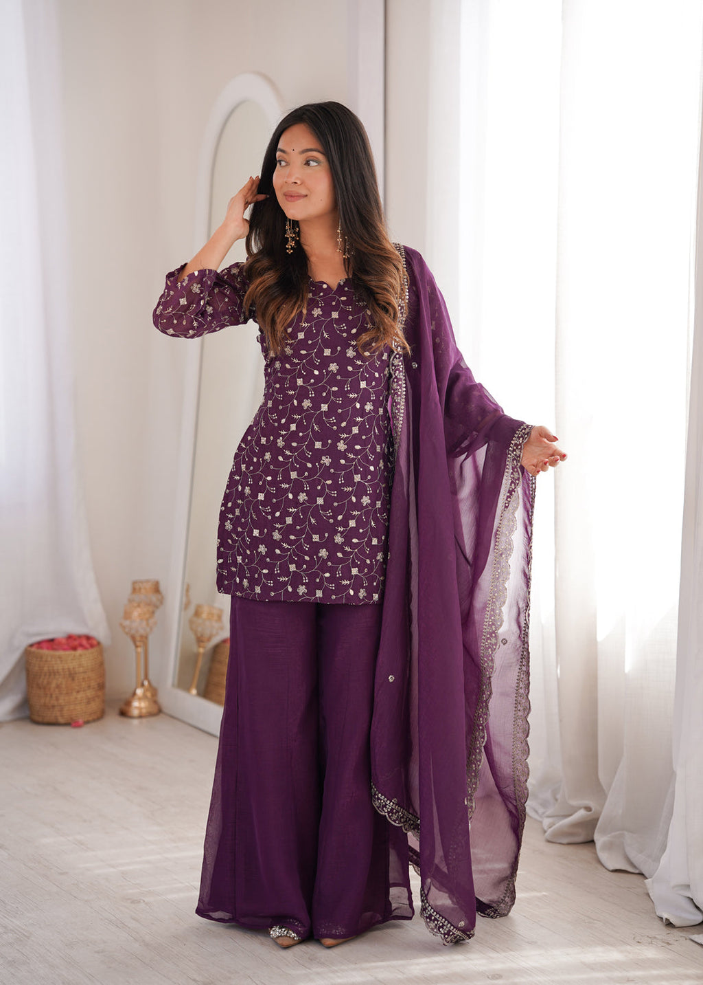 Evanik Wine Crunchy Silk Embroidery Sequins And Zari Work Kurta Pants With Dupatta