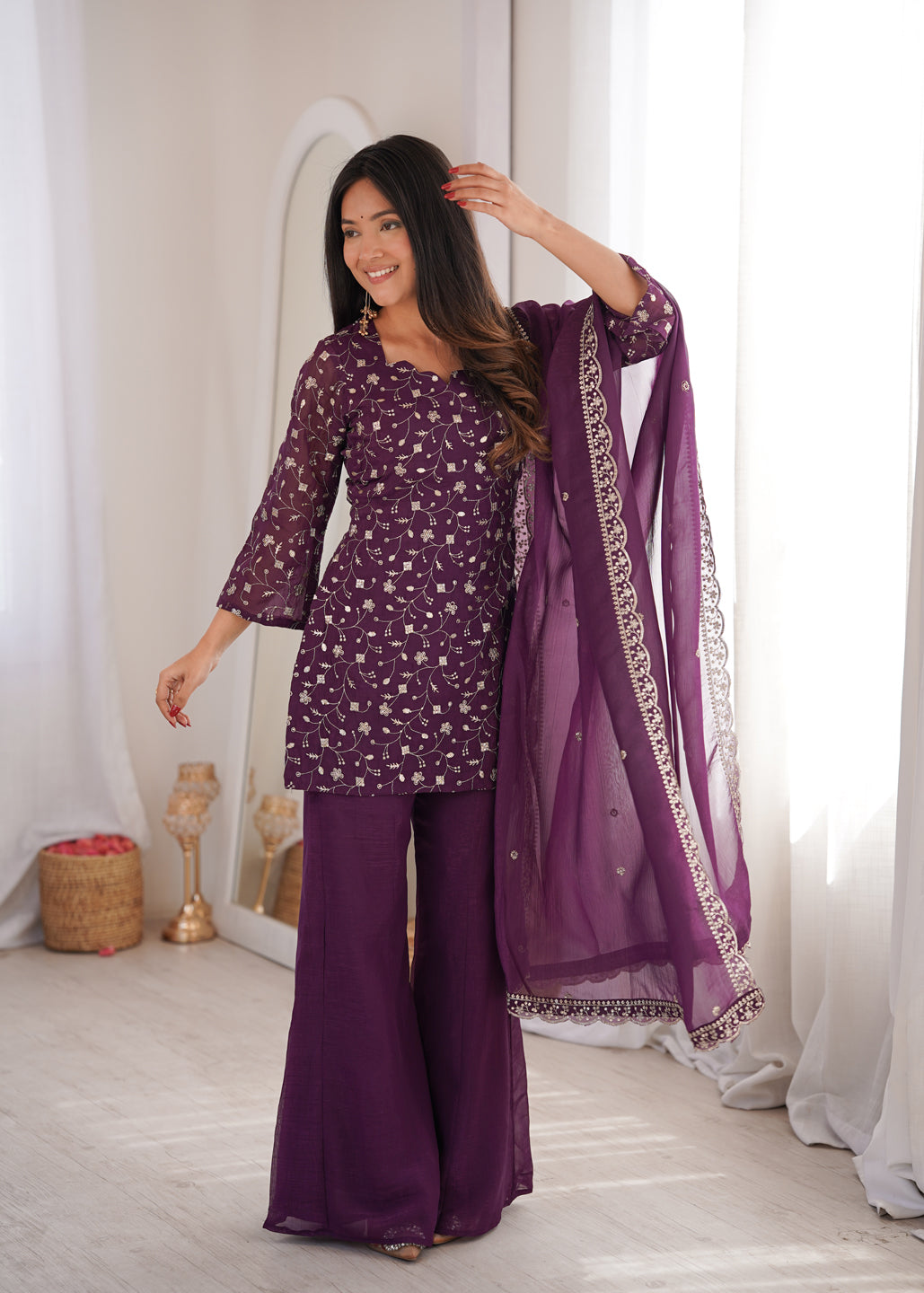 Evanik Wine Crunchy Silk Embroidery Sequins And Zari Work Kurta Pants With Dupatta