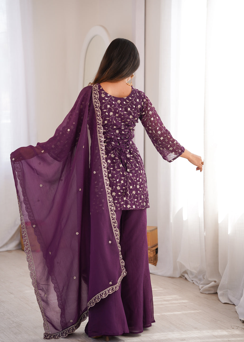 Evanik Wine Crunchy Silk Embroidery Sequins And Zari Work Kurta Pants With Dupatta