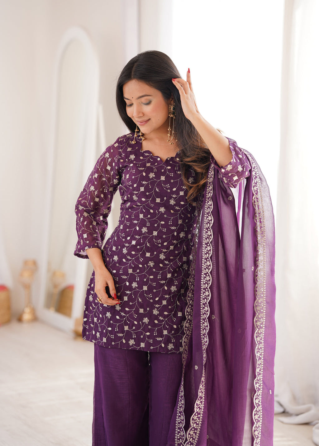 Evanik Wine Crunchy Silk Embroidery Sequins And Zari Work Kurta Pants With Dupatta