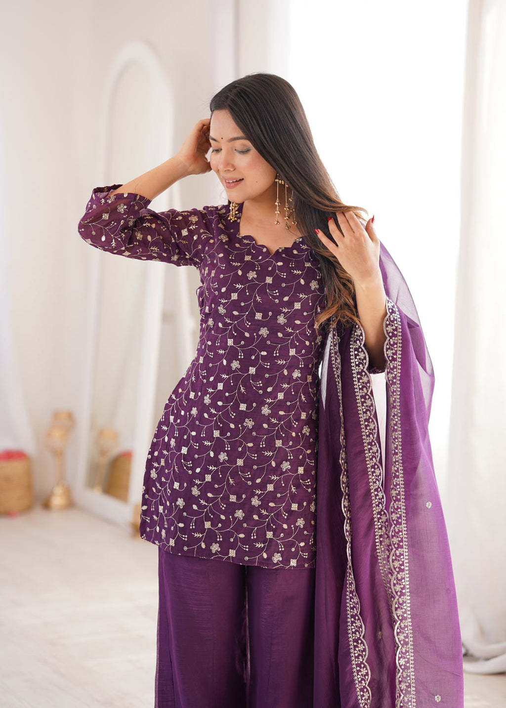 Evanik Wine Crunchy Silk Embroidery Sequins And Zari Work Kurta Pants With Dupatta