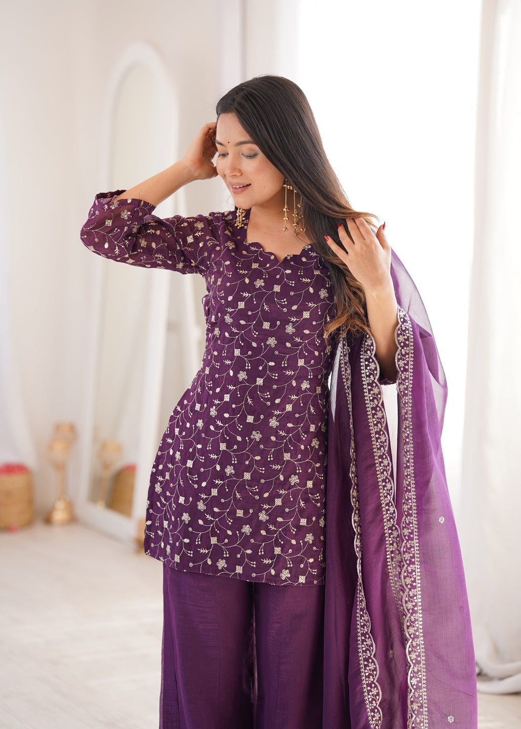 Evanik Wine Crunchy Silk Embroidery Sequins And Zari Work Kurta Pants With Dupatta