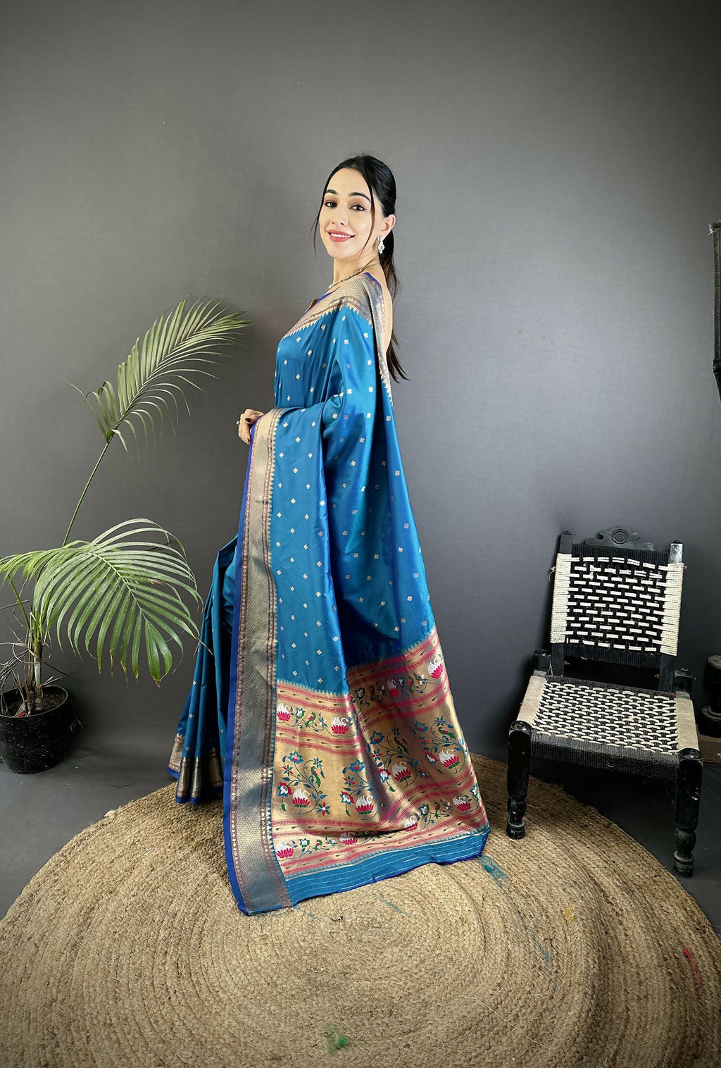 Joban Fashion Blue Butti Woven Soft Lichi Silk Paithani Saree