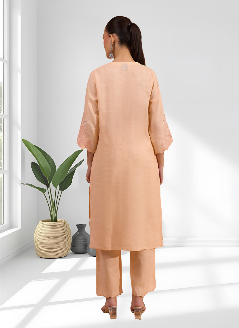 Joban Fashion Coral Linen Embroidered Readymade Long Kurta With Pant