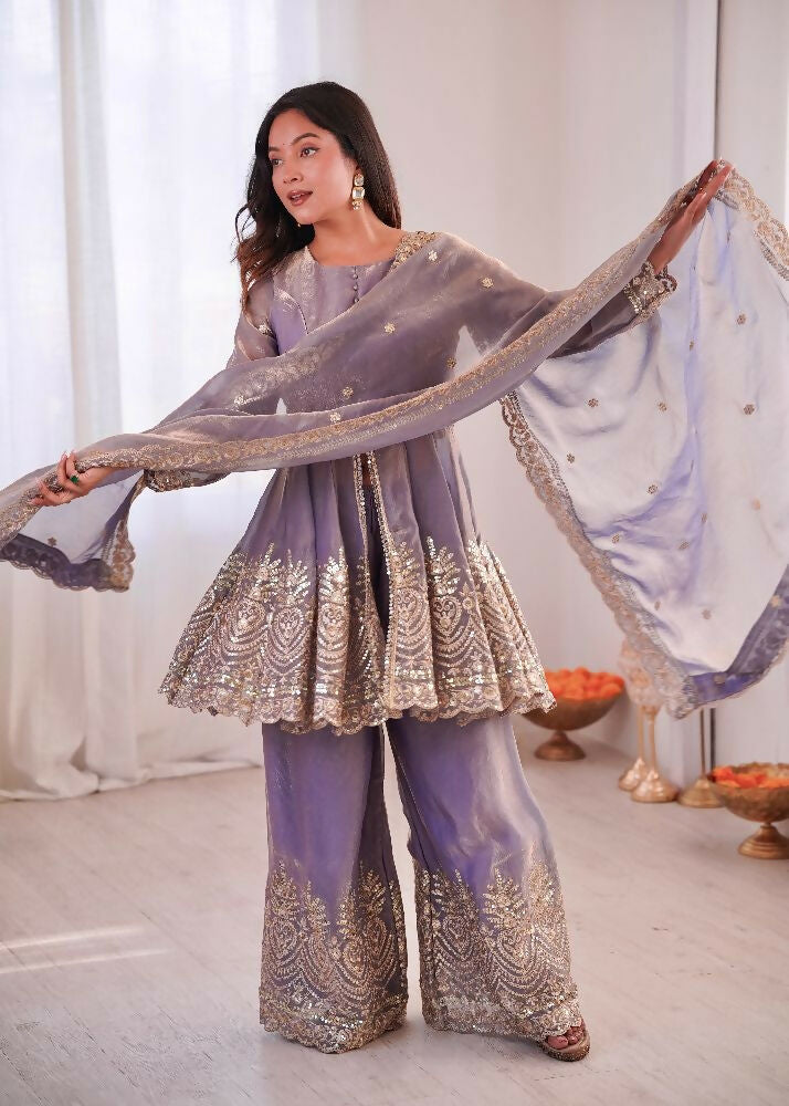 Teeya Creation Lavender Color Fendy Satin Silk Embroidery Work Party Wear Salwar Suit