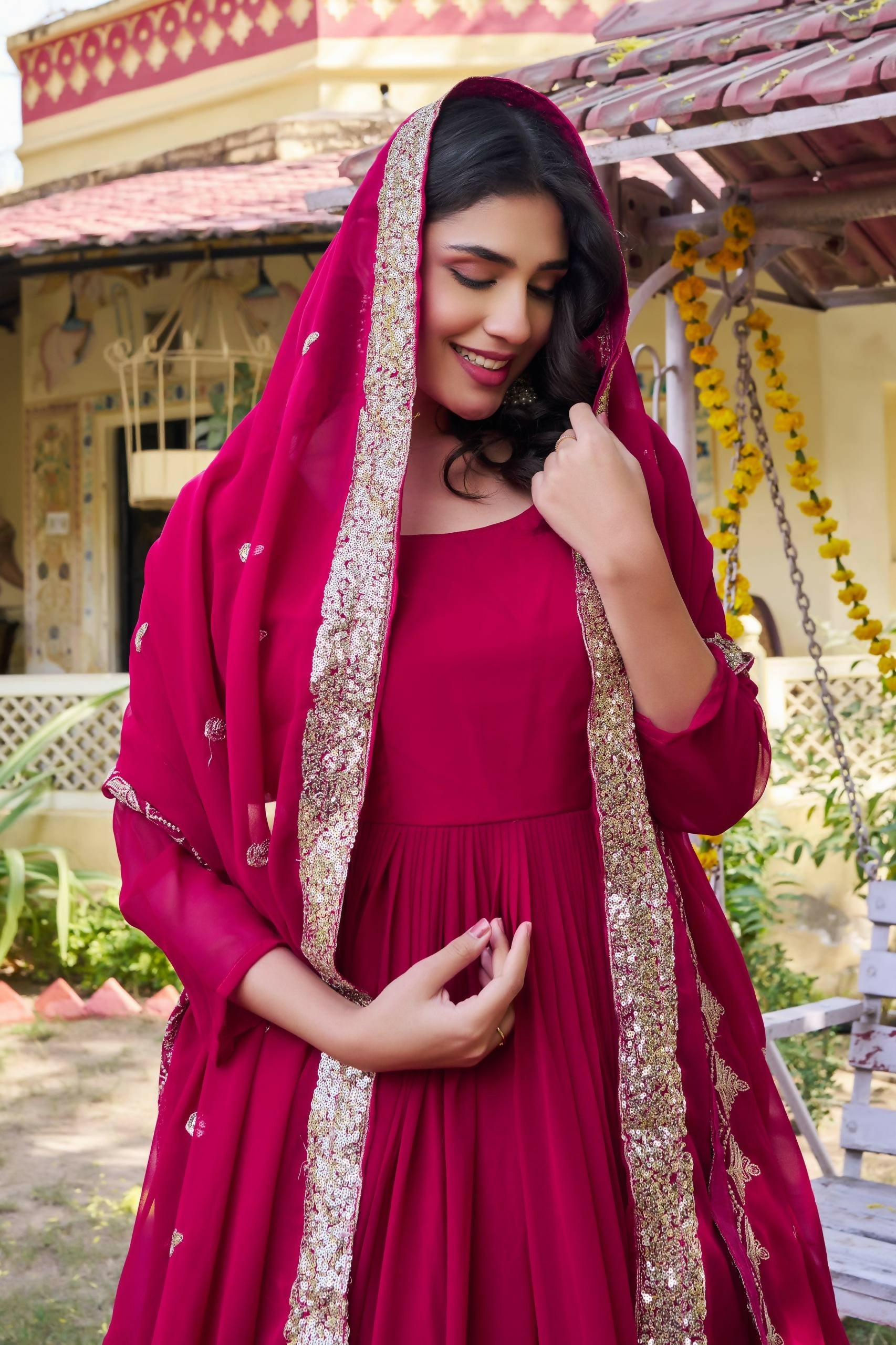 Teeya Creation Womens New Stylish Heavy Sequence Embroidery Work Pink Gown Set