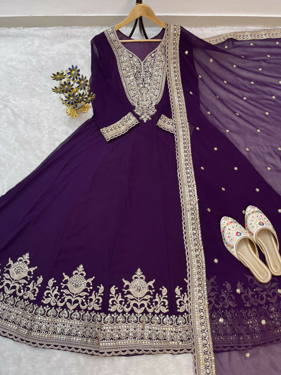 Teeya Creation Wine Color Faux Georgette Embroidery Work Long Party Wear Gown