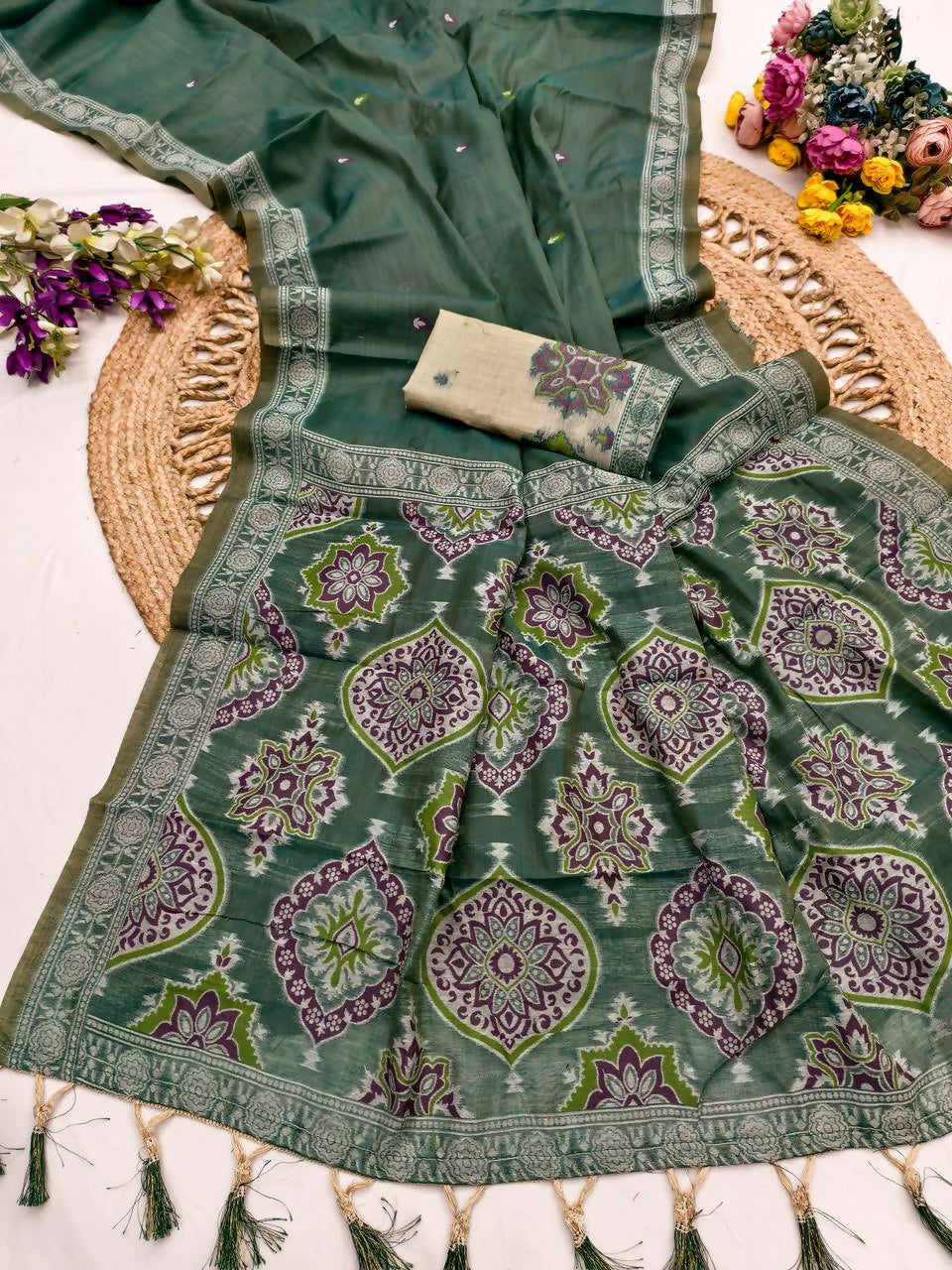 Vastranavya Morpeach Muga Cotton Meenakari & Azarakh Pallu Saree with Contrast Blouse