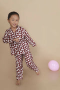 Breathables Kids Cotton Night Suit – Maroon Cat Print Shirt & Pyjama Co-Ord Set For Boys & Girls