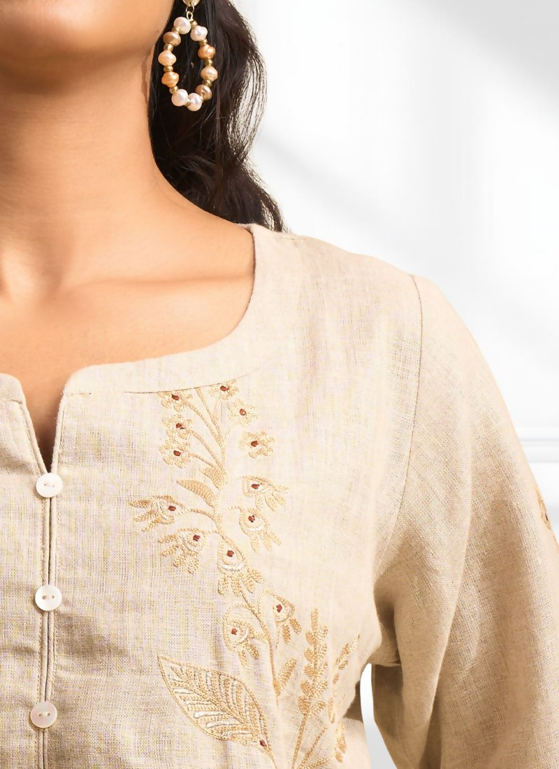 Joban Fashion Beige Linen Embroidered Readymade Cord Set