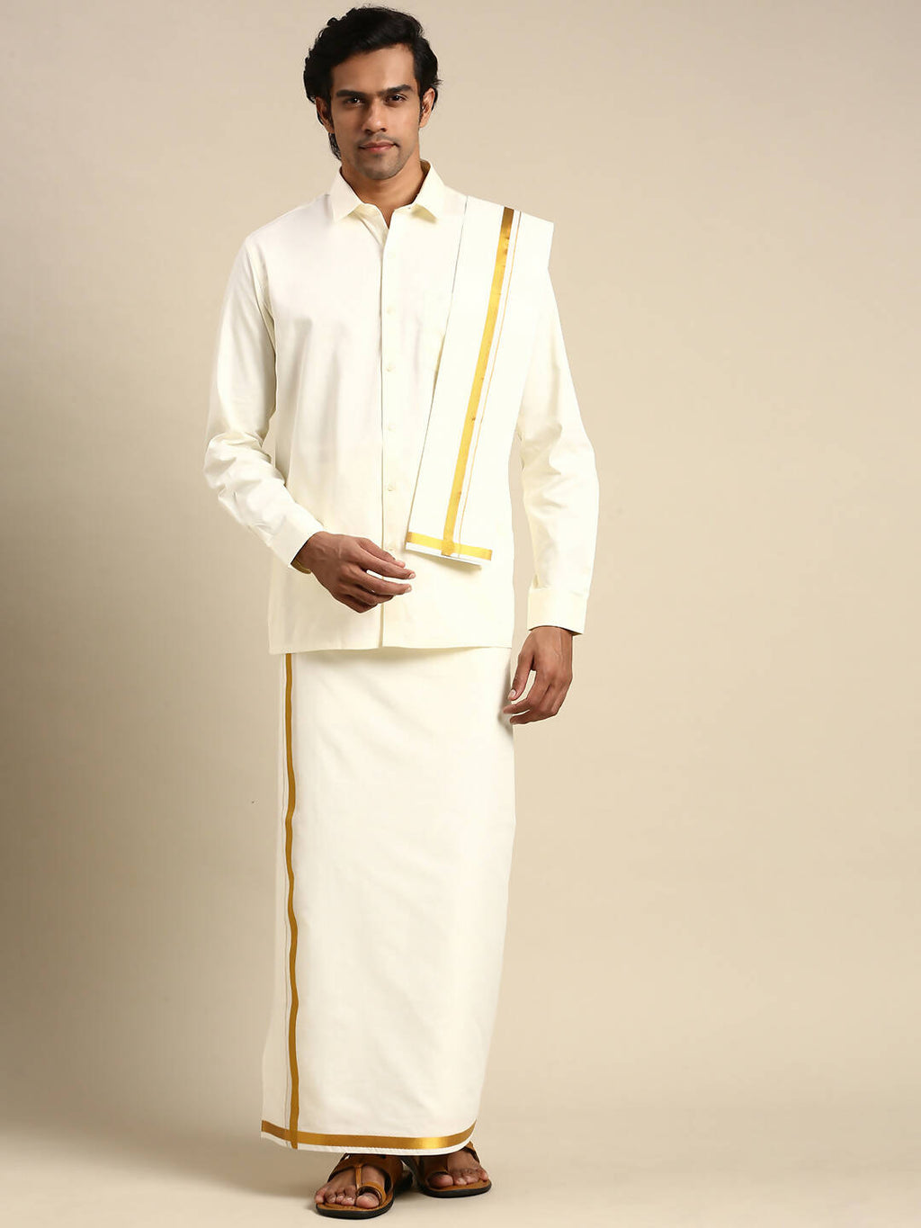 Ramraj Cotton Premium Wedding Cream Regular Dhoti, Shirt & Towel Set Golden Reward