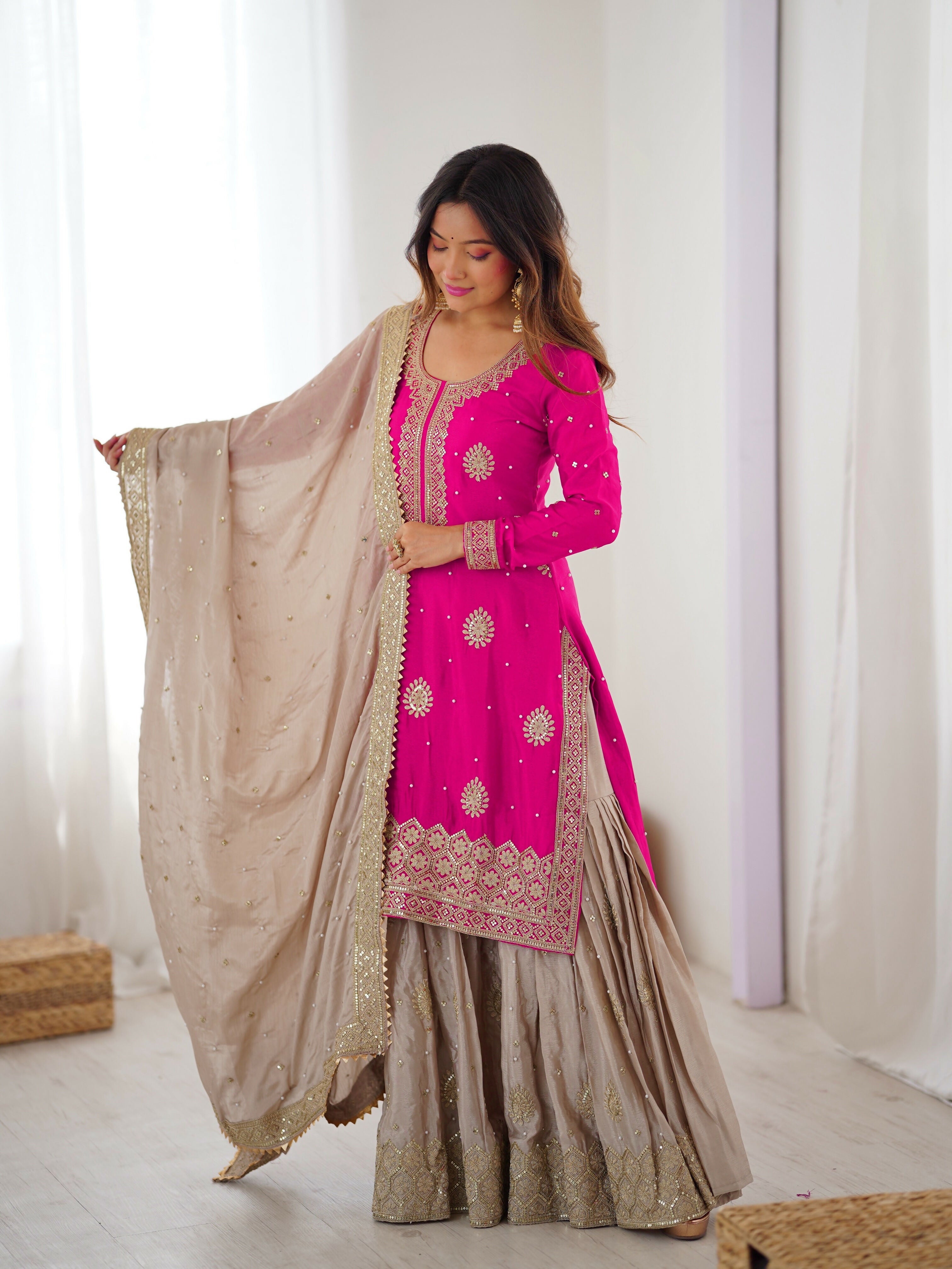 Lehenga Mart Designer Sharara Suit With Kurta, Sharara, Dupatta For Women-Pink