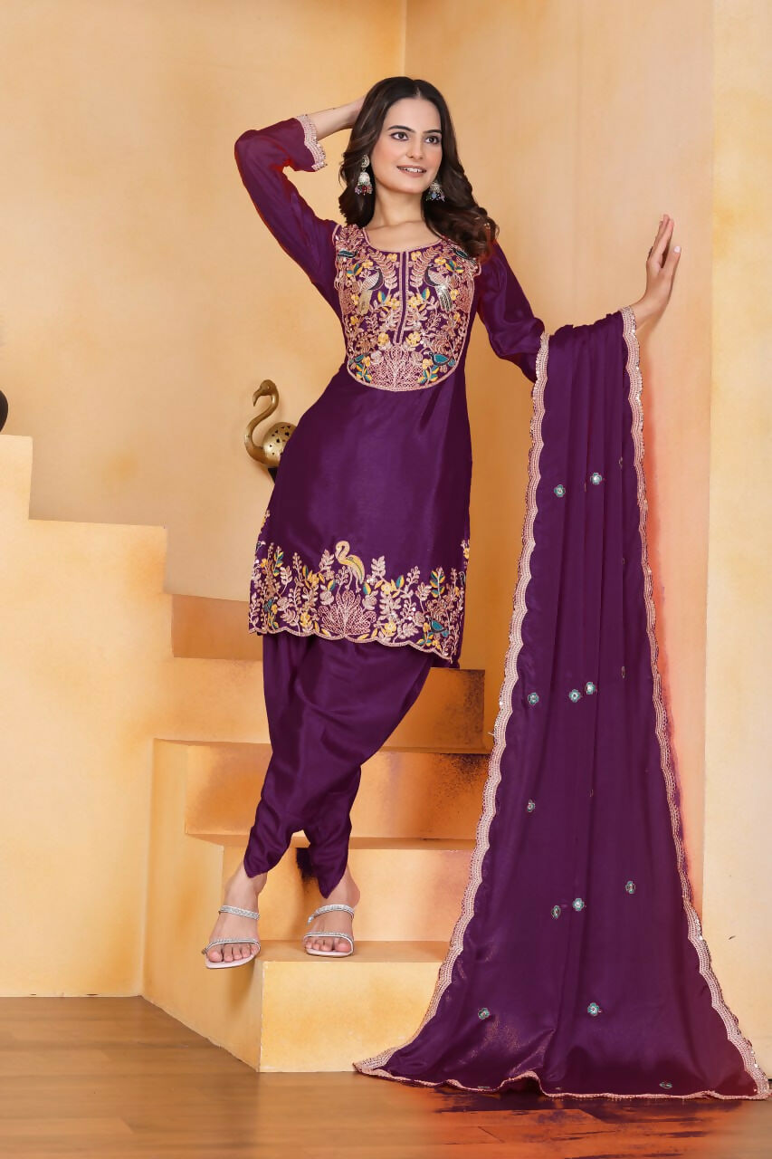 Joban Fashion Wine Silk Embroidered Dhoti Dhoti Set