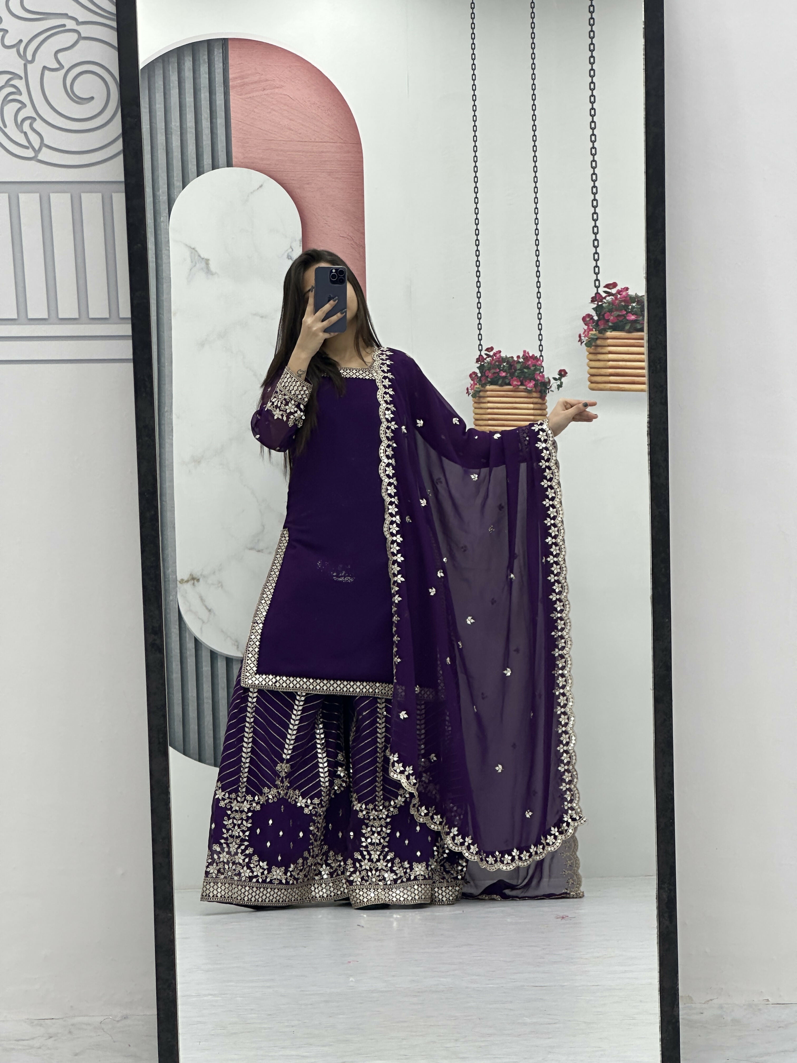 Teeya Creation Womens New Heavy Fox Georgette Fabric With Heavy Embroidery Work Purple Kurta Set