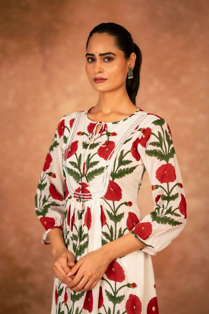 Joban Fashion Red Rose Floral Hand Block Printed Cotton Kurta Pant Set