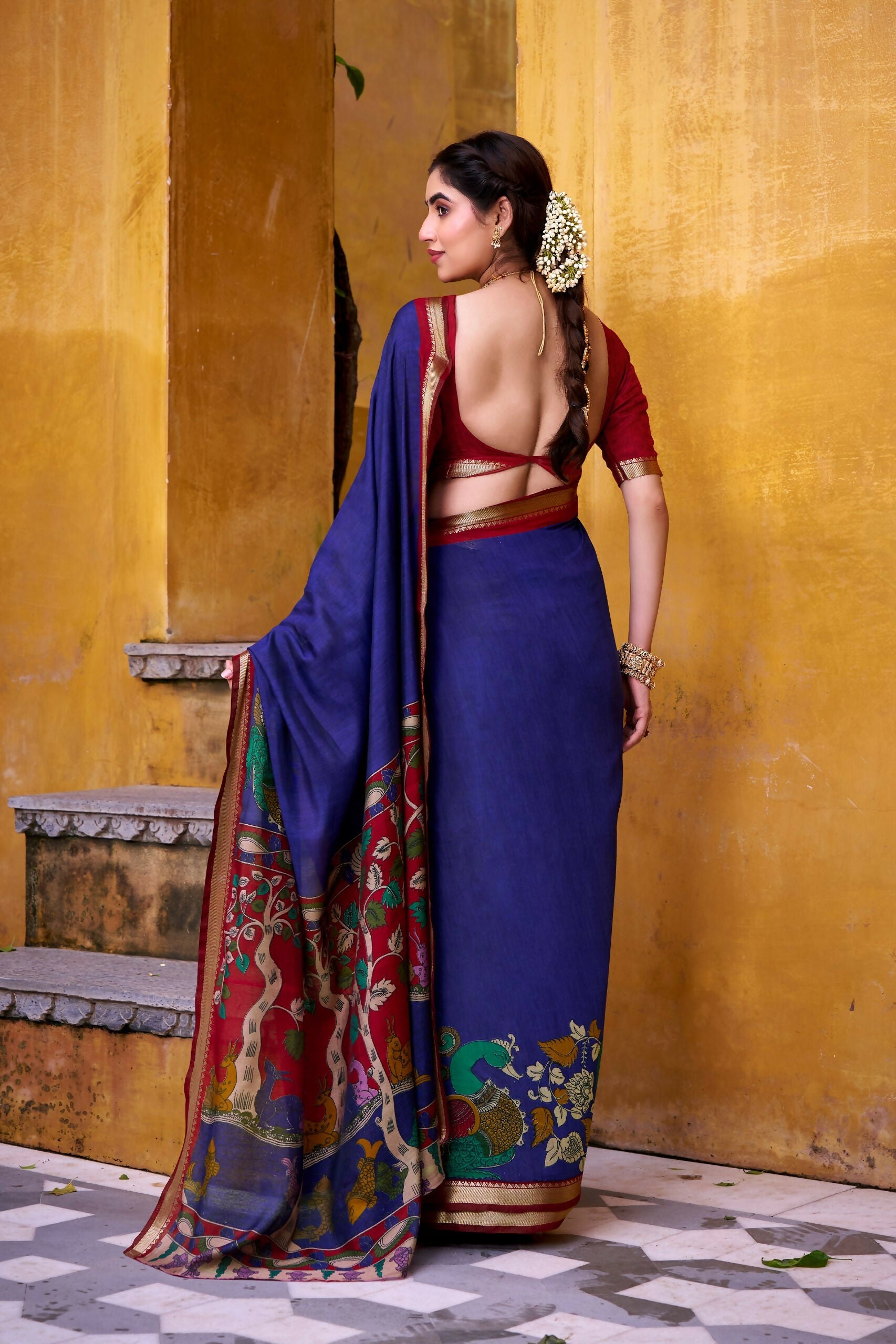 Vastranavya Blue Viscose Chanderi Kalamkari Print with Zari Working Saree & Unstitched Blouse