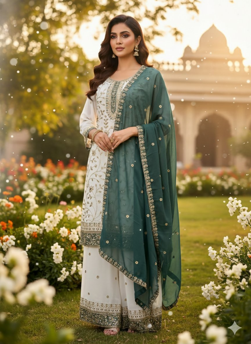 Teeya Creation White Color Faux Georgette Embroidery Work Long Party Wear Palazzo Suit
