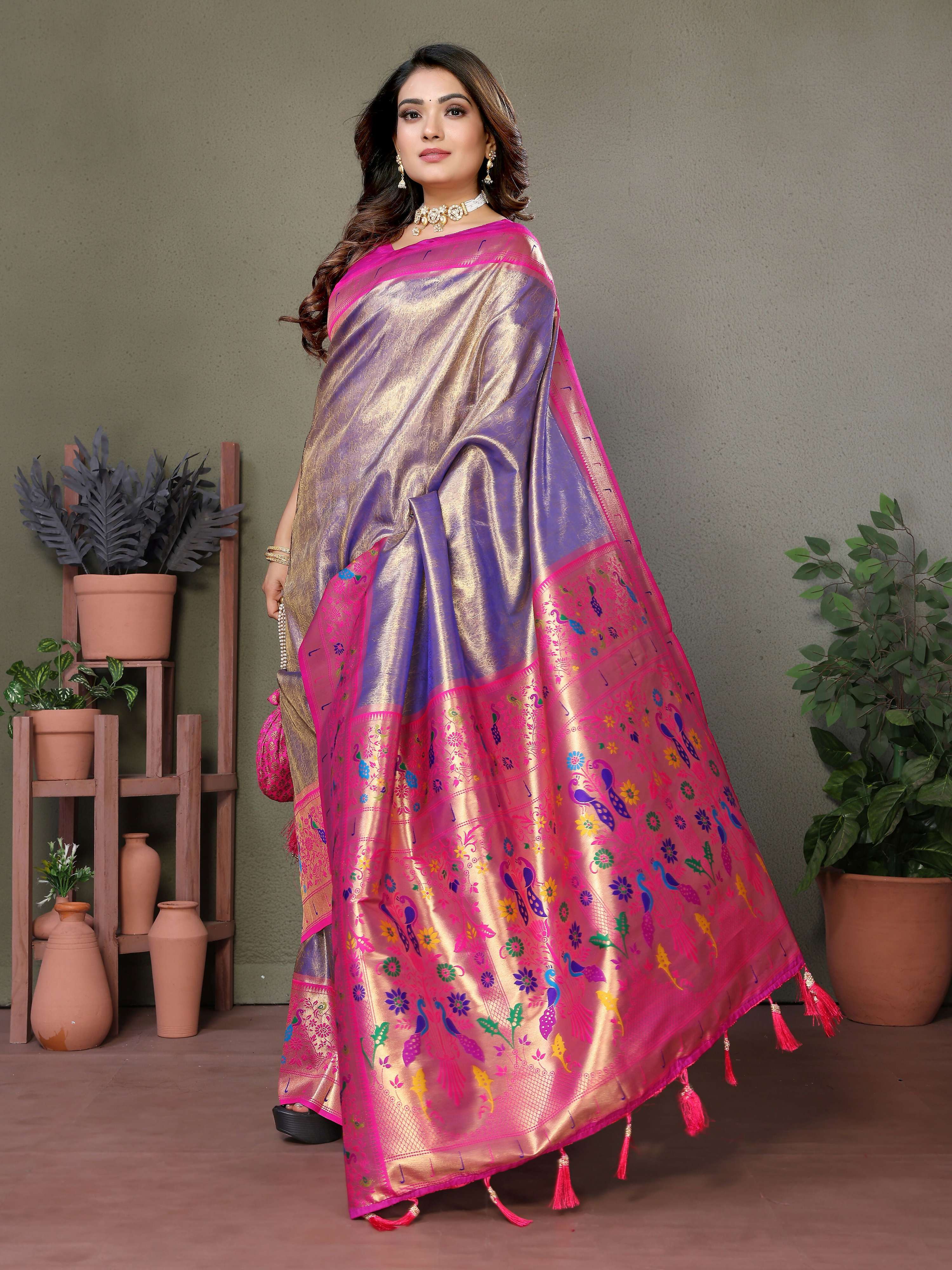 Aastha Fashion Purple Tissue Silk Paithani Woven Saree