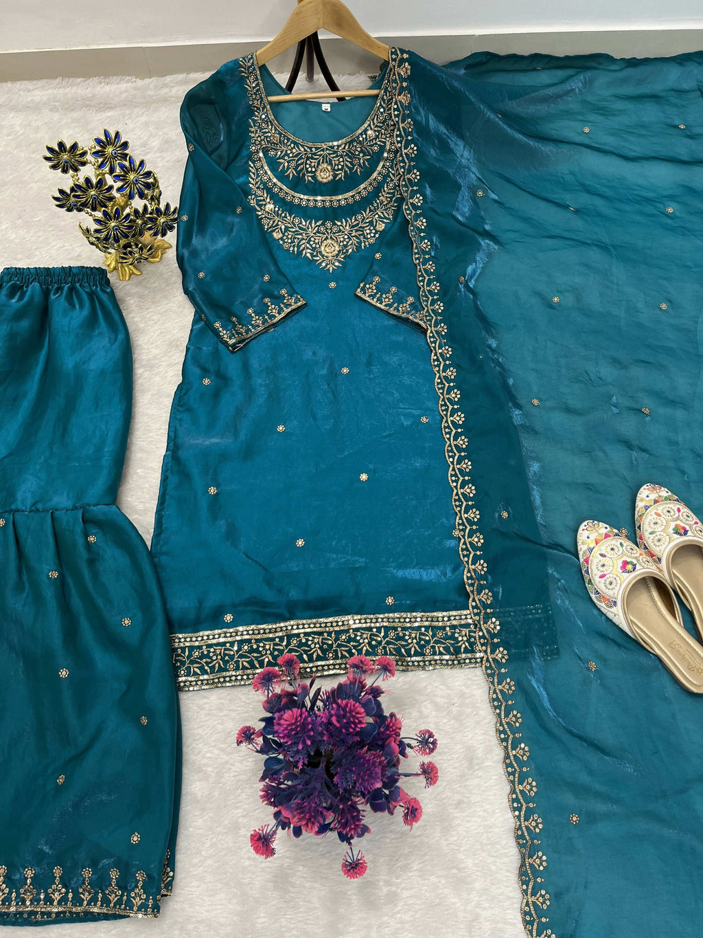 Teeya Creation Teal Color Fendy Satin Silk Heavy Embroidery Work Sharara Suit