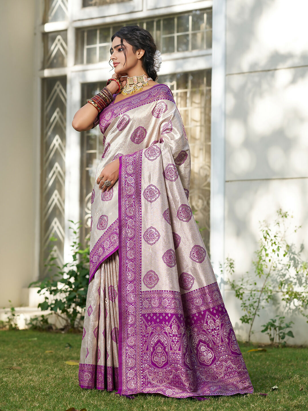 Shree Shyam Fashion Cream With Purple Silk Blend Saree