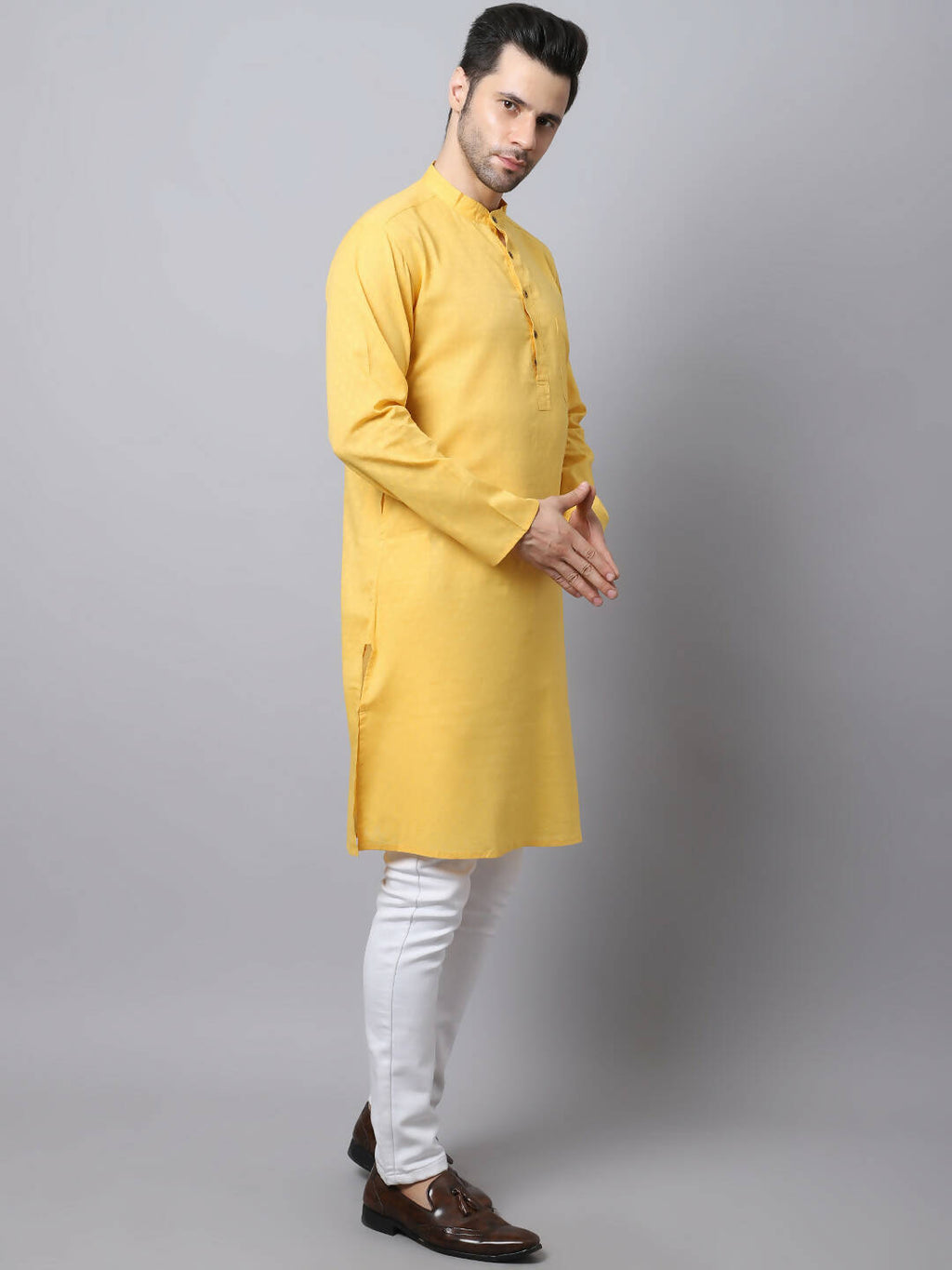 Even Apparels Yellow Pure Cotton Men's Kurta With Band Collar (SLD1183)