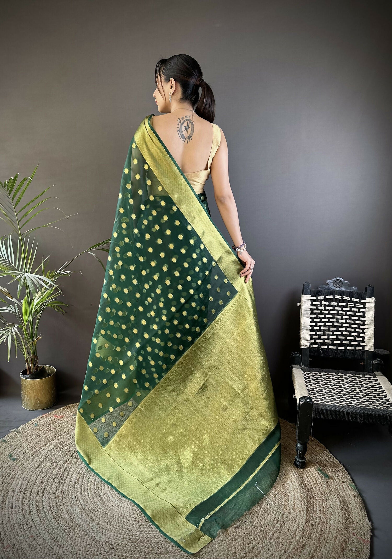 Joban Fashion Green Polka-Dot Zari Woven Organza Silk Banarasi Silk Saree