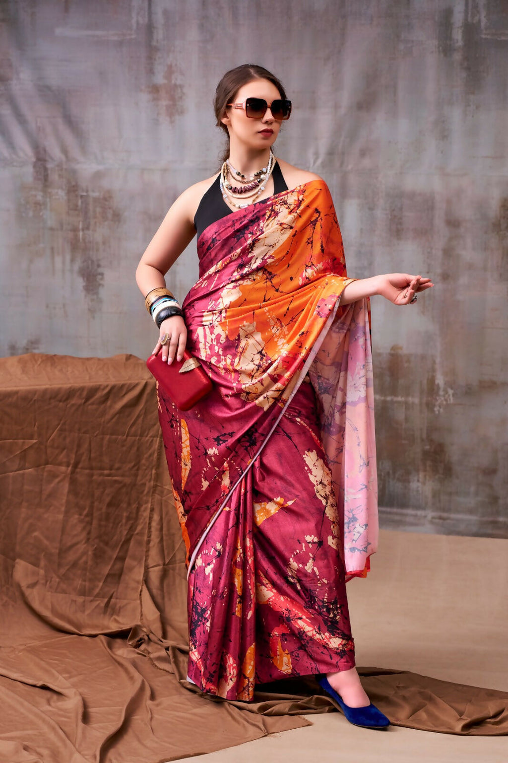 Vastranavya Maroon Satin Silk Printed Saree with a Natural Silk Unstitched Blouse