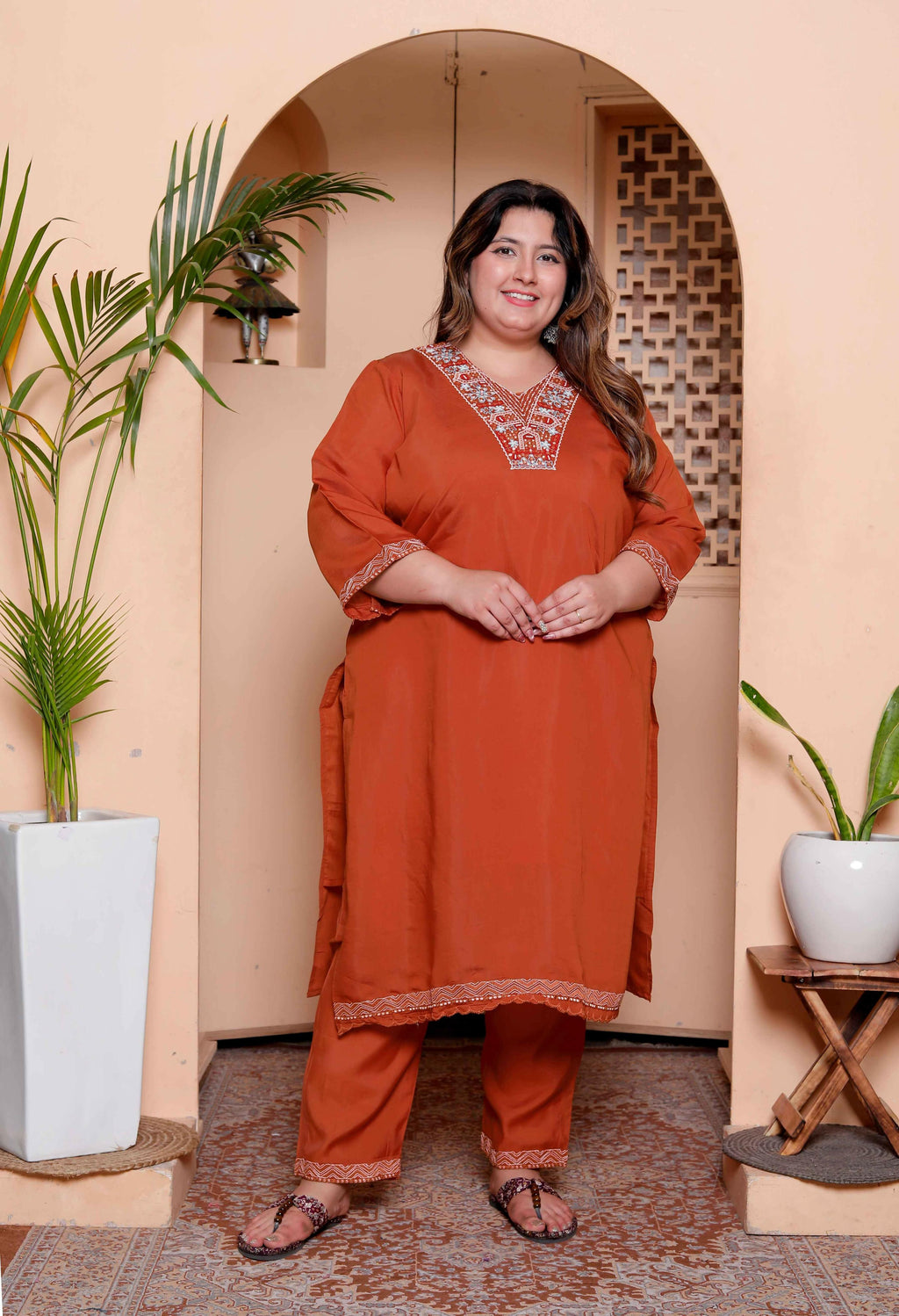 Miravan Women's Plus Size Orange Embroidered Straight Kurta with Palazzo and Dupatta set