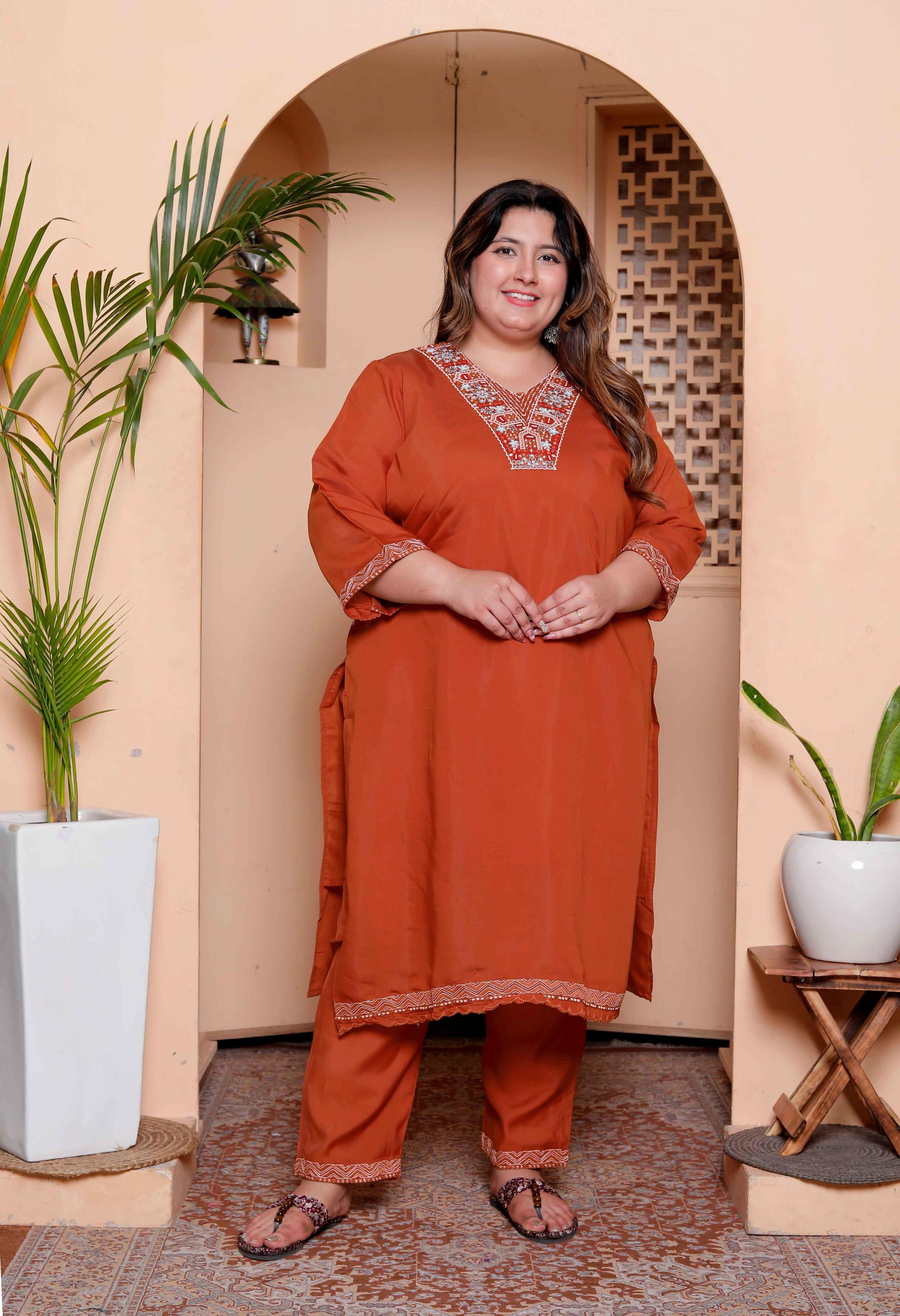 Miravan Women's Plus Size Orange Embroidered Straight Kurta with Palazzo and Dupatta set