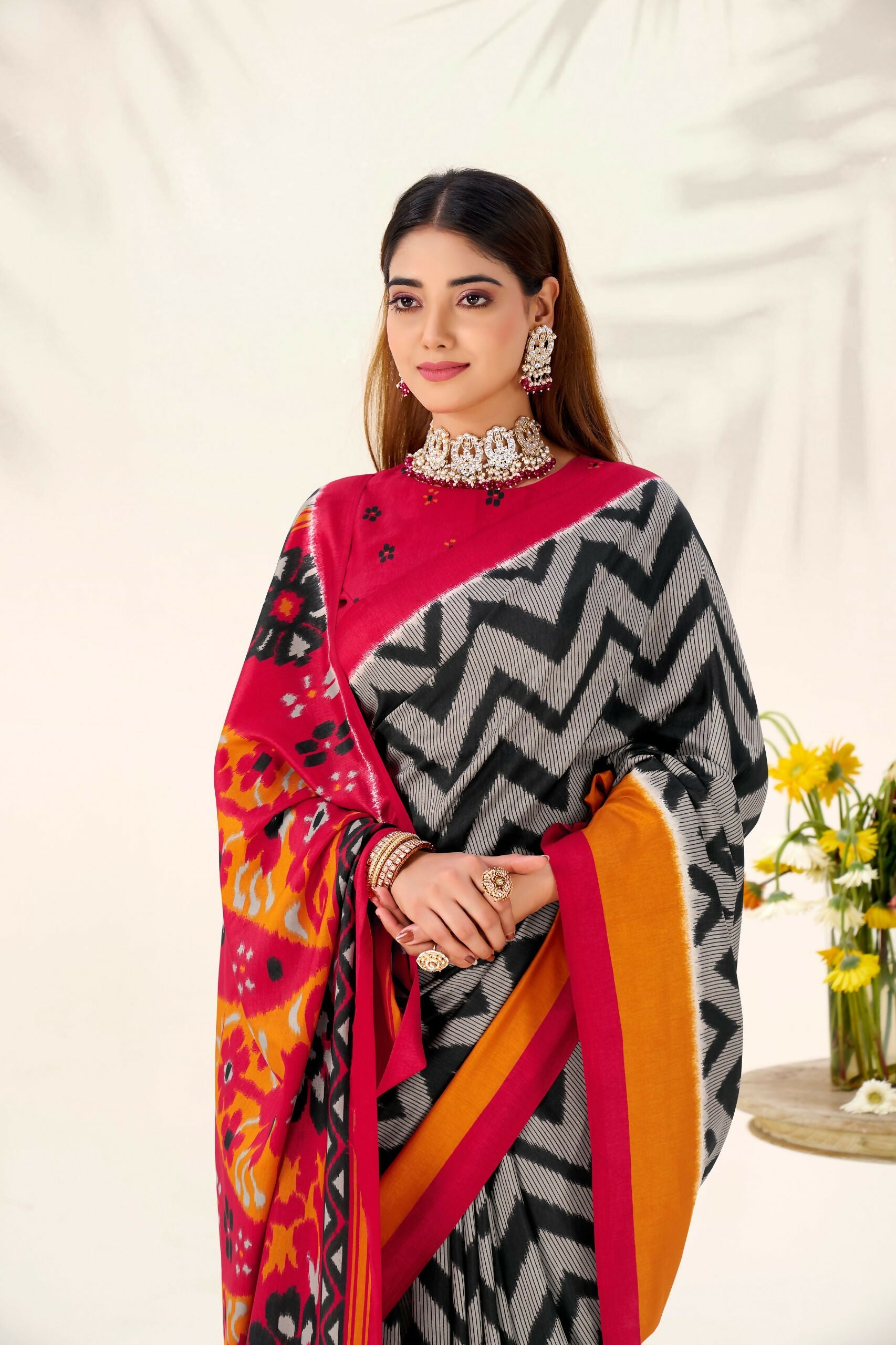 Vastranavya Black Tussar Silk Zigzag Waves Printed Saree with Unstitched Blouse