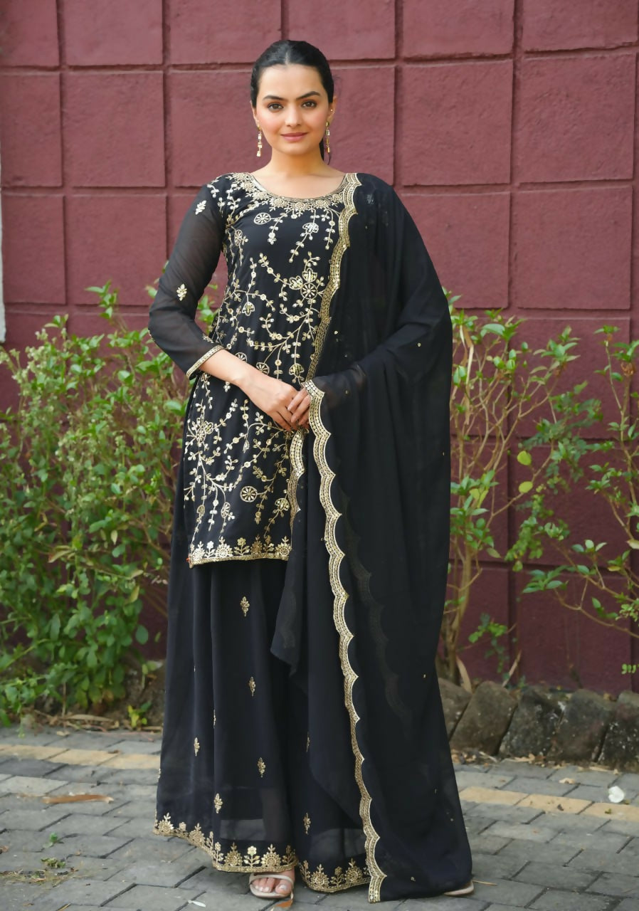 Joban Fashion Black Georgette Embroidered Sharara Set