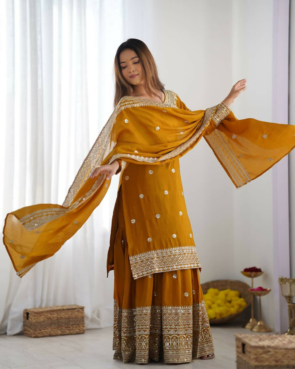 Joban Fashion Mustard Kurta Set Silk Sequins , Zari, Coding & Thread Embroidered work