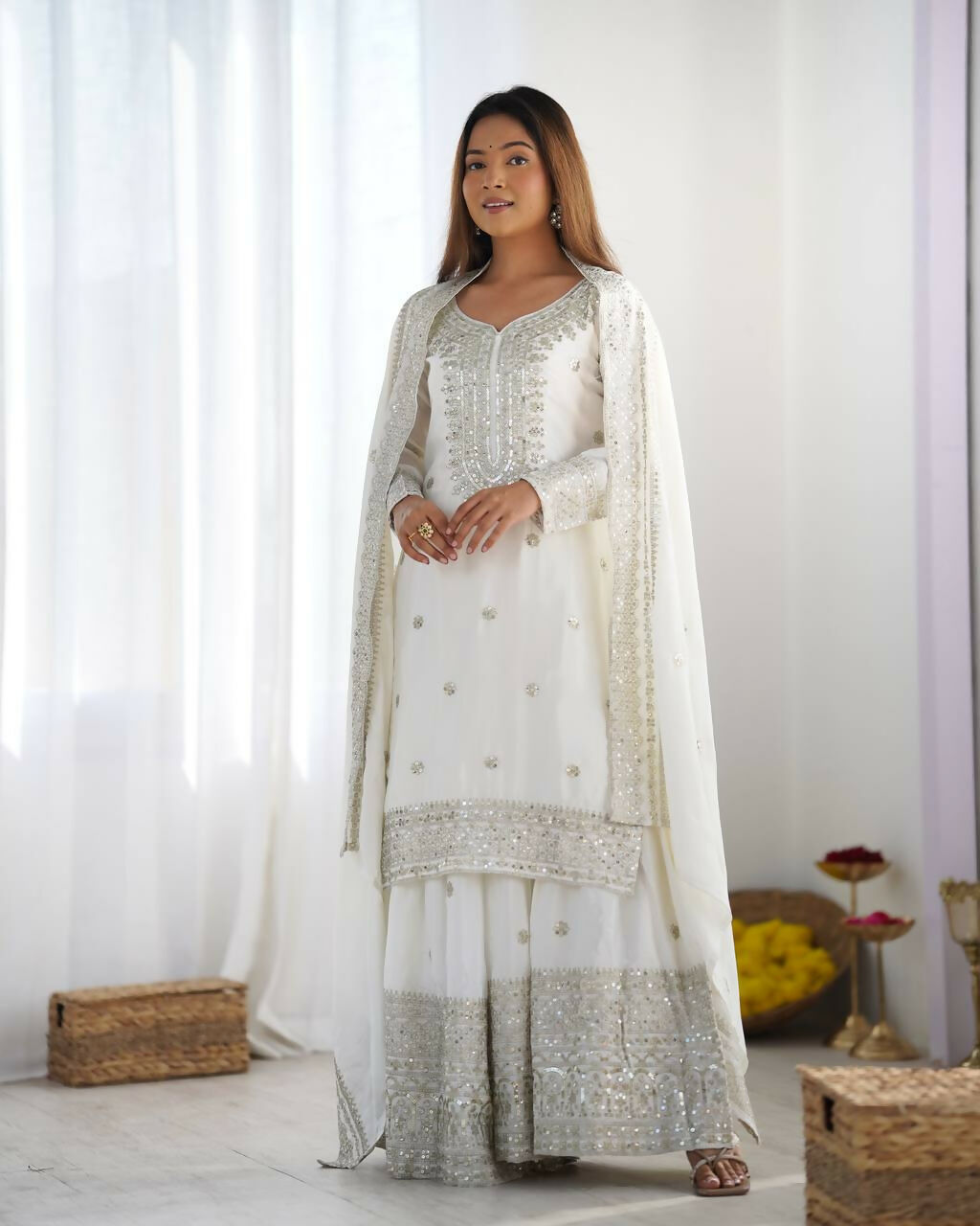 Joban Fashion White Kurta Set Silk Sequins , Zari, Coding & Thread Embroidered work
