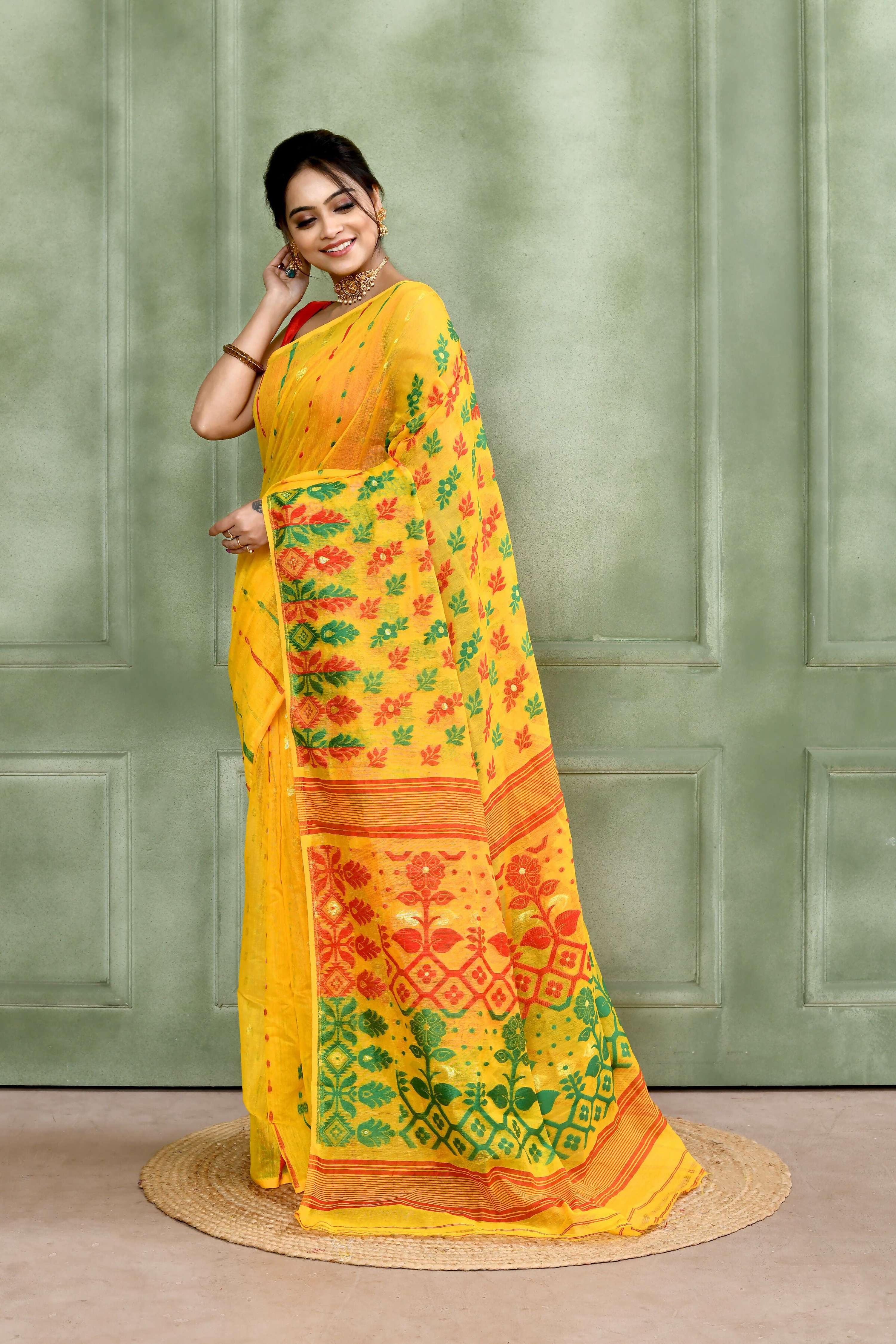 Piyari Fashion Women's Yellow Embellished Cotton Blend Jamdani Saree