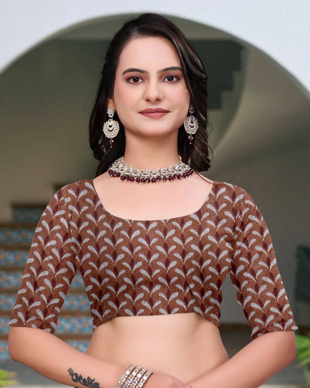 Prime Volt Women's Brown Printed Mal Cotton Saree with Designer Blouse Piece