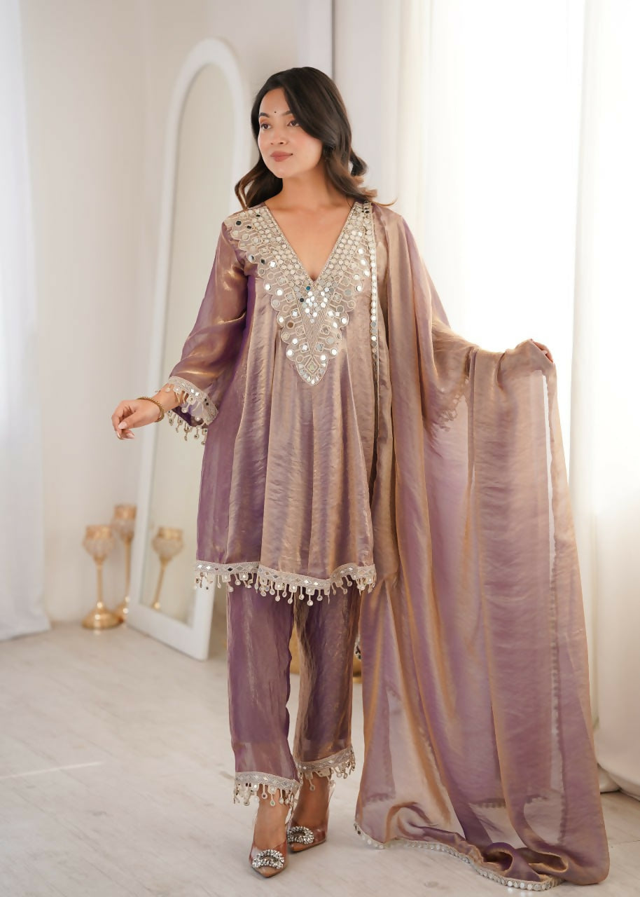 Teeya Creation Womens New Trending Fendy Fabric With Real Mirror With Coding Embroidered Lace Work Kurta Set