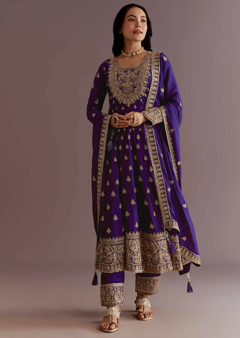 Teeya Creation Purple Color Chinnon Silk Embroidery Work Gown