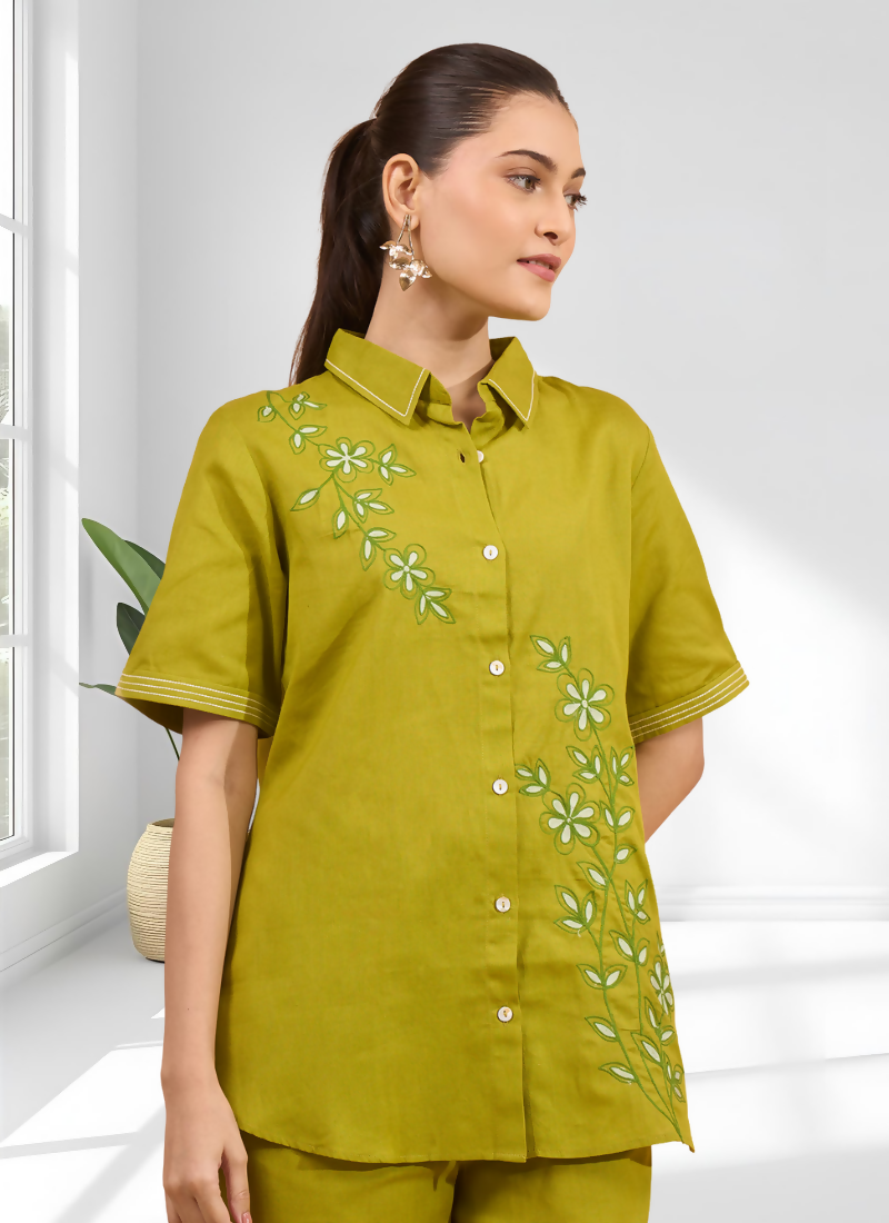Joban Fashion Green Cotton, Linen Embroidered Readymade Cord Set