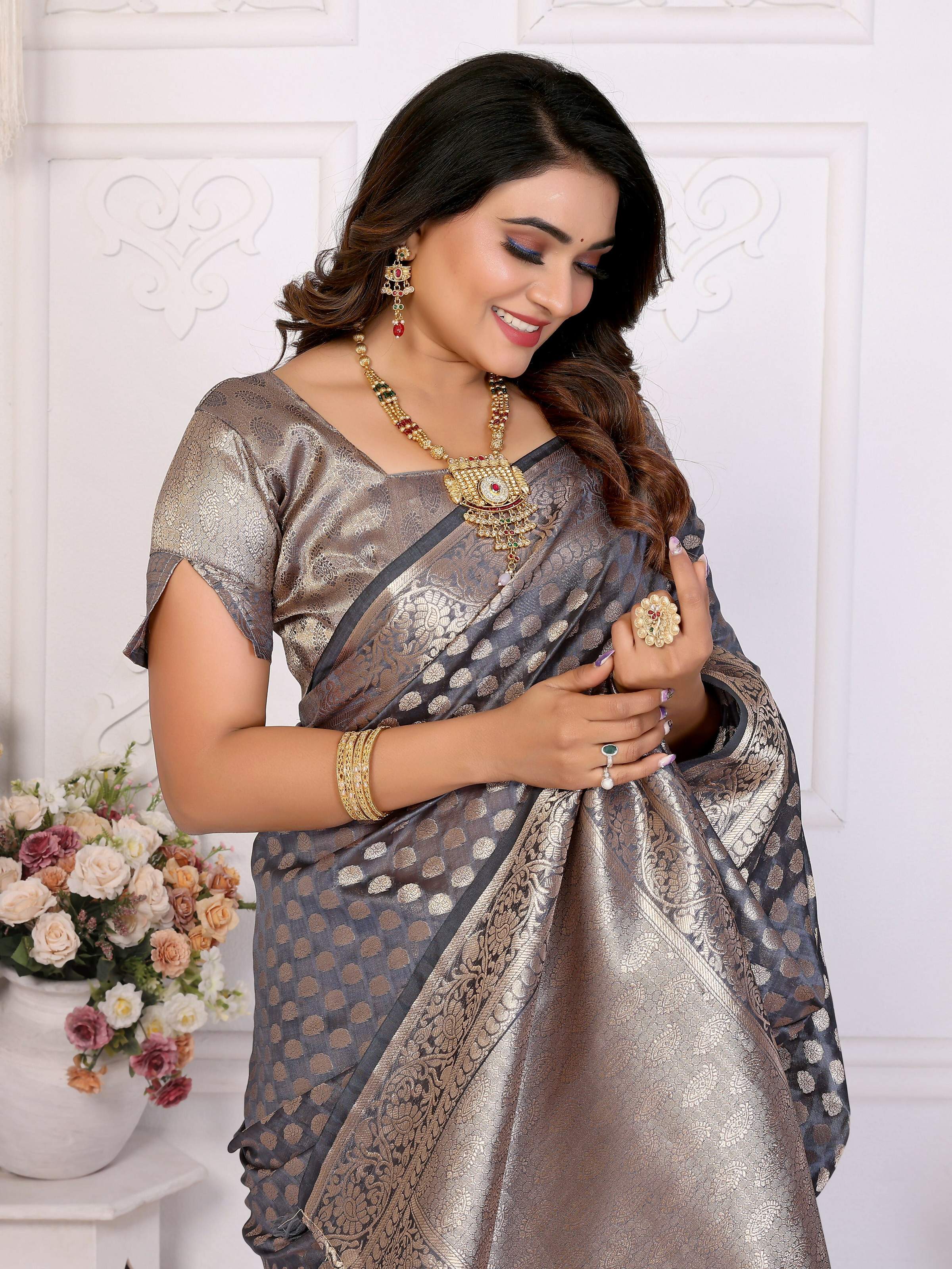 Aastha Fashion Grey Organza Silk Weaving Saree