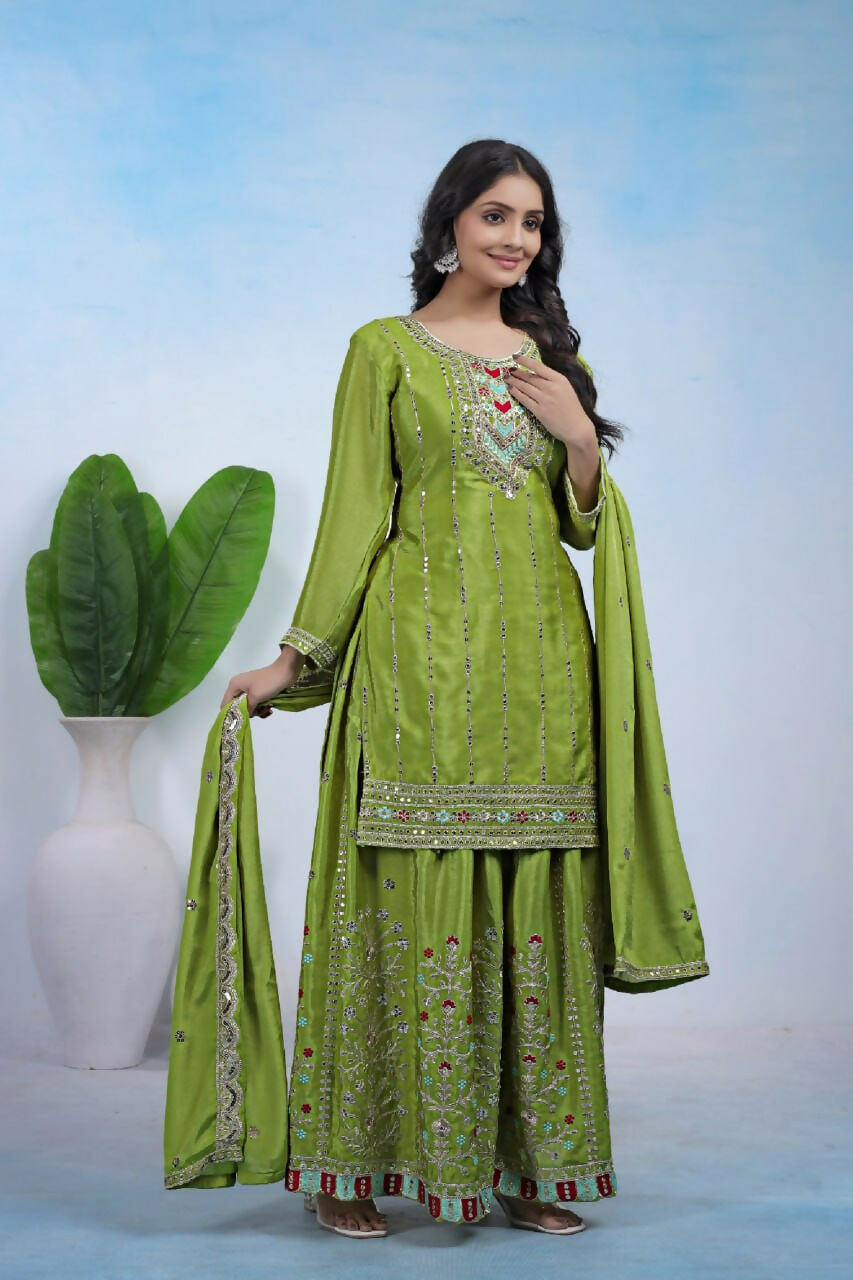 Joban Fashion Green Silk Embroidered Sharara Set