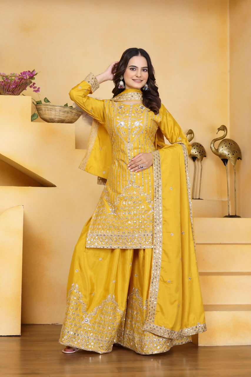 Teeya Creation Yellow Color Natural Crepe Silk Wedding Wear Trending Palazzo Set