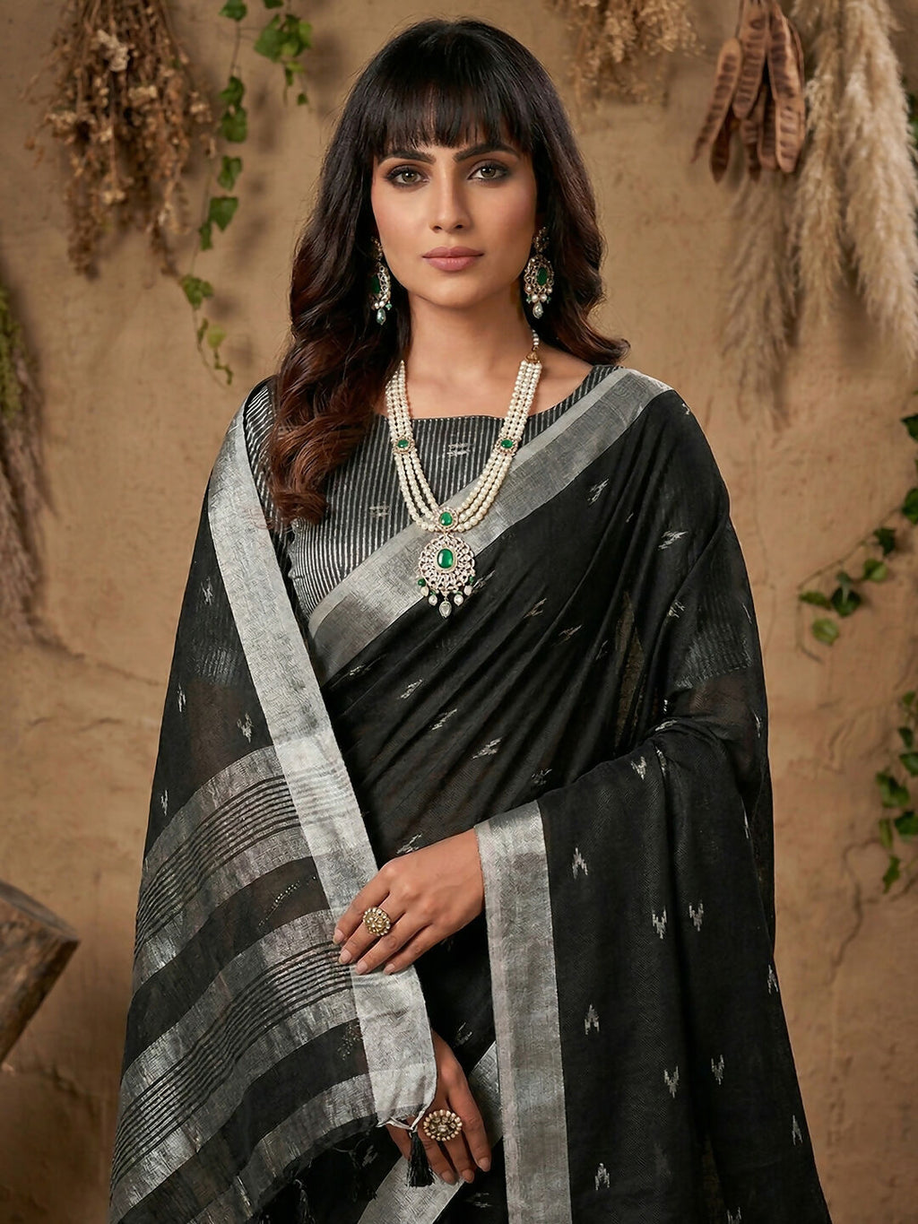 Shree Shyam Fashion Black Linen Cotton Saree